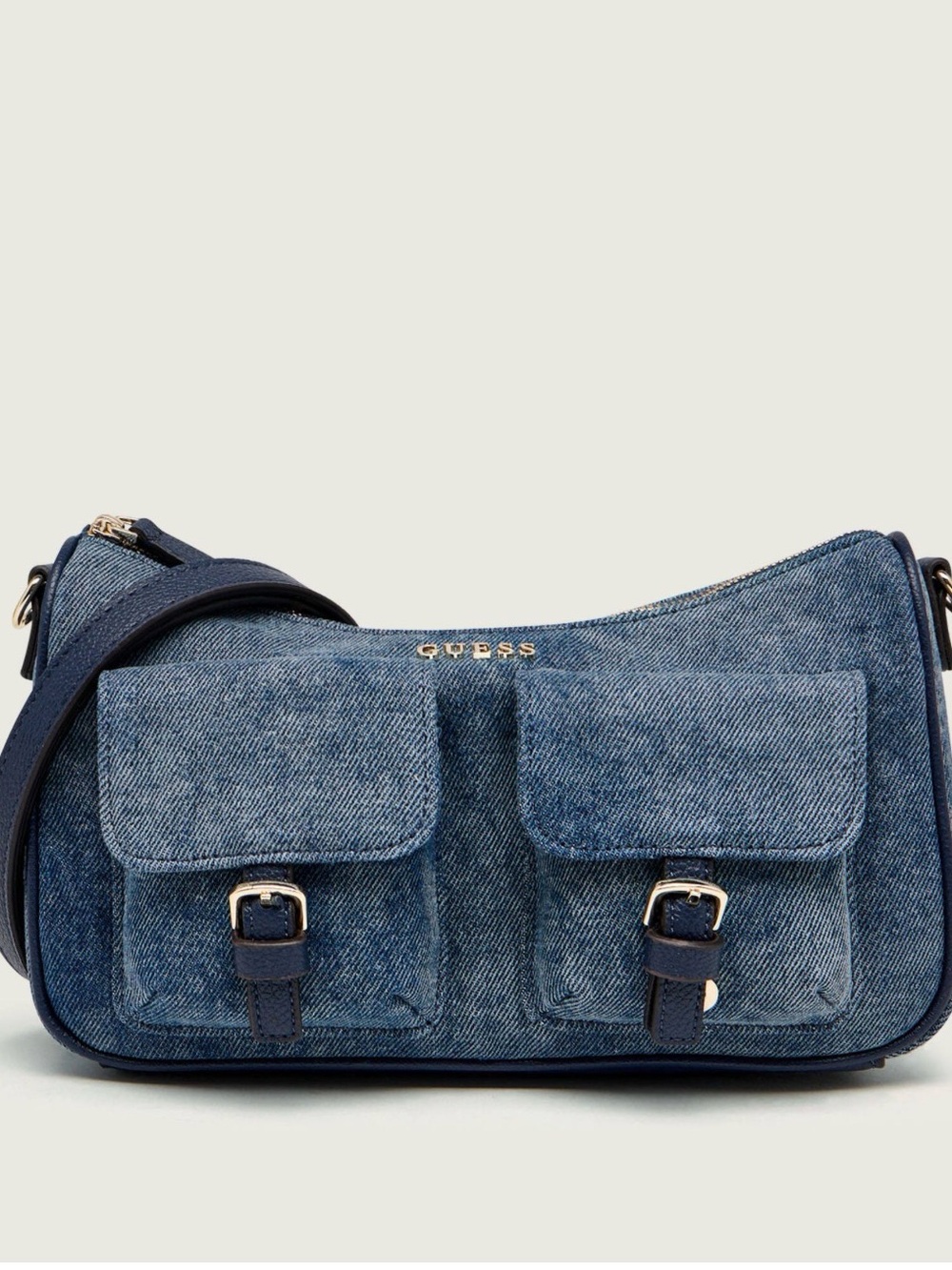 GUESS Denim Shoulder Bag with Dual Front Pockets and Navy Trim